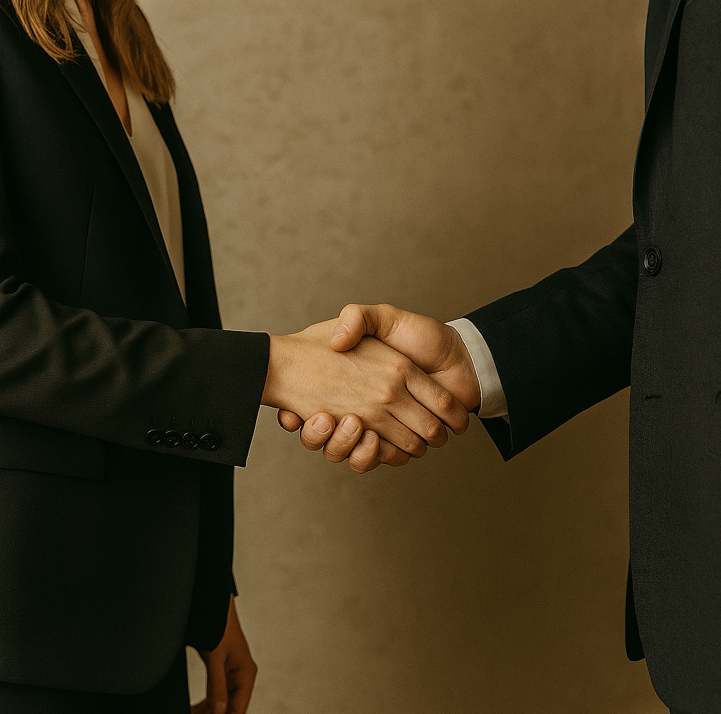 Aperto de mão entre homem e mulher, ambos vestindo terno preto, sem mostrar seus rostos