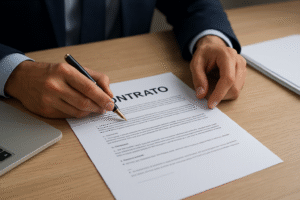 As mãos de uma pessoa que veste um blazer estão em cima de uma folha escrito Contrato, a letra C está tampada pelo seu braço. Ele segura uma caneta em uma das mãos.