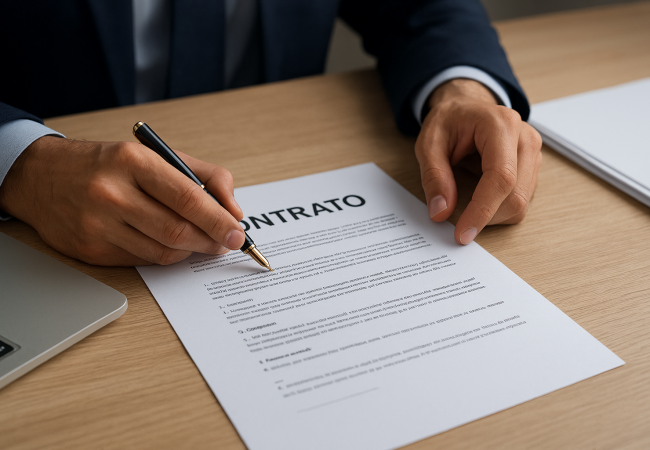 As mãos de uma pessoa que veste um blazer estão em cima de uma folha escrito Contrato, a letra C está tampada pelo seu braço. Ele segura uma caneta em uma das mãos.
