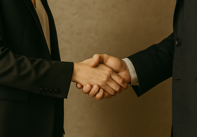 Aperto de mão entre homem e mulher, ambos vestindo terno preto, sem mostrar seus rostos